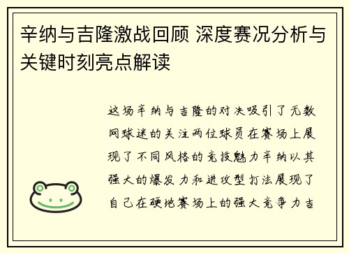 辛纳与吉隆激战回顾 深度赛况分析与关键时刻亮点解读
